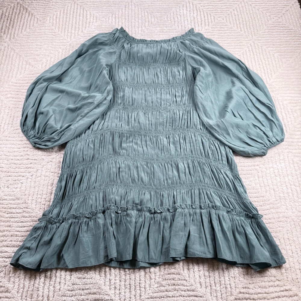 Lida Kate Smocked Balloon Sleeve Mini Dress Small Sage Green Boho Cottagecore
